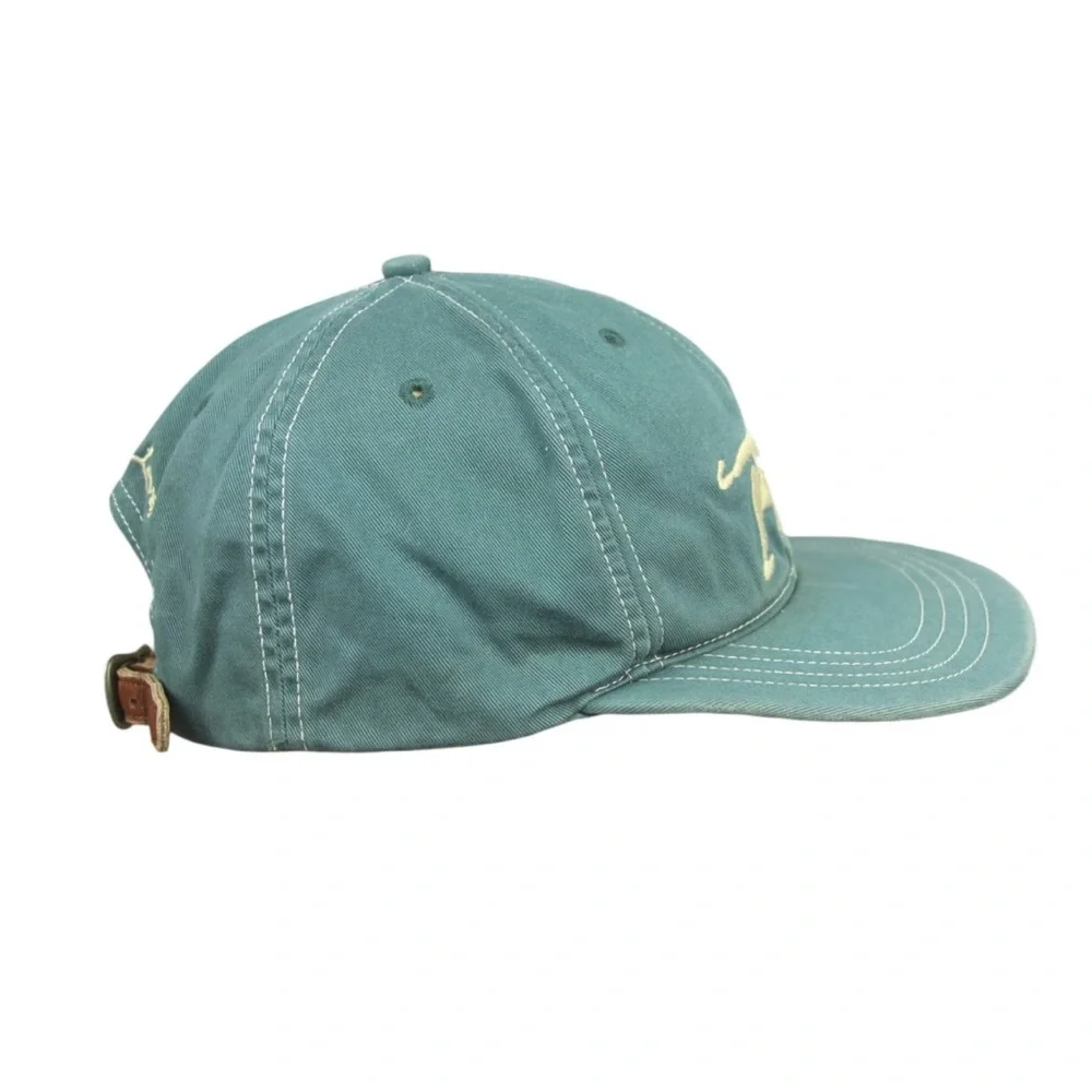 VTG Polo Ralph Lauren Cursive Font Emb Logo Leather Strap Hat Adult OS Green EUC